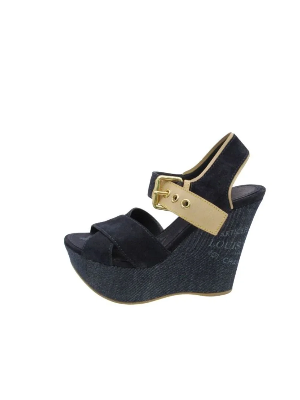 Louis Vuitton Sandals Monogram Wedge Sole Denim Suede Cross Strap Belt Shoes